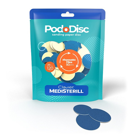 Nakładki ścierne tarcze wymienne PodoDisc Medisterill Clavier do pedicure gradacja 20mm, 120, 50szt