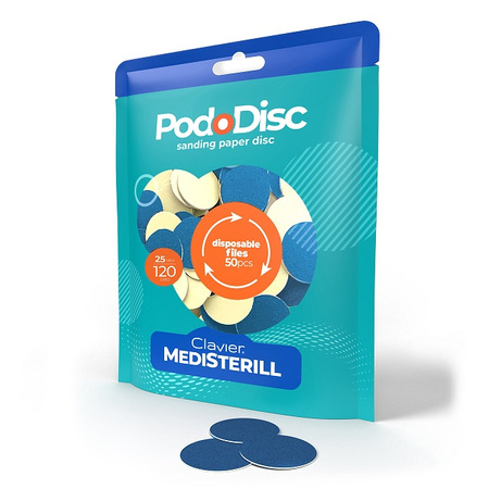Nakładki ścierne tarcze wymienne PodoDisc Medisterill Clavier do pedicure gradacja 25mm, 120 grit, 50szt