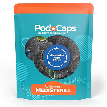 Kapturki Ścierne Clavier, Medisterill do Pedicure, Frezarki PodoCaps 13mm, mix 80/120/180/240 grit 20szt. +nośnik
