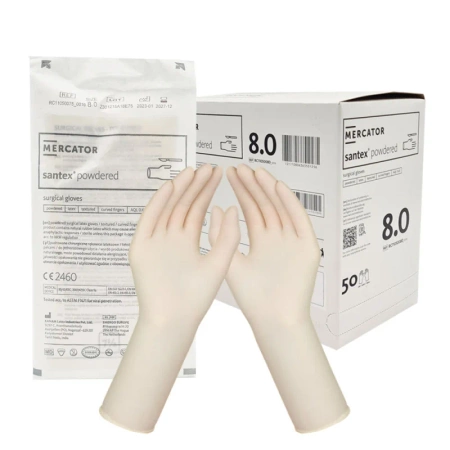 Rękawiczki chirurgiczne lateksowe sterylne 8.0 bezpudrowe Mercator Santex Powder-Free 50 par