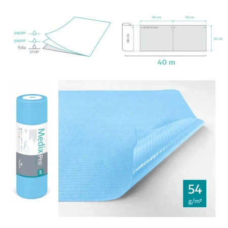 Podkład higieniczny na rolce 38cm x 50cm niebieski podfoliowany 54g MedixPro 640szt