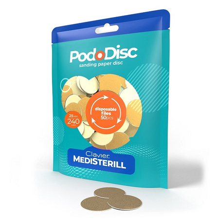 Nakładki Ścierne, Clavier Medisterill, Tarcze wymienne PodoDisc do Pedicure gradacja 25mm, 240 grit, 50szt.