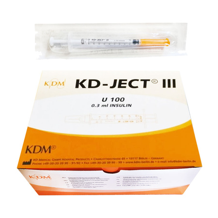 Strzykawka insulinowa z igłą wtopioną 0,3ml U-100 G30 (0,30X8) KD-JECT III 100szt