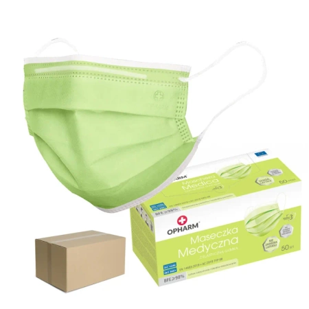 Kolorowa maseczka chirurgiczna medyczna 3-warstwy typ IIR limonkowa zielona 50 szt x 24op