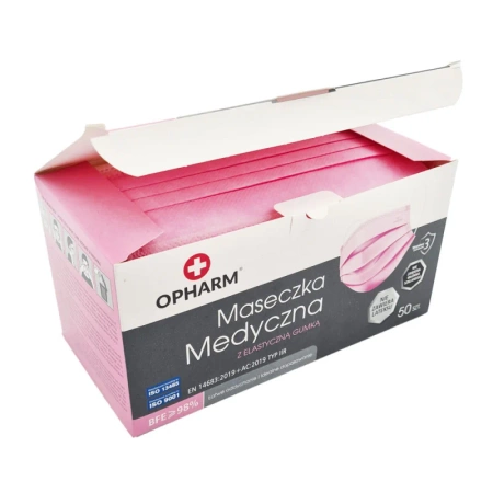 Kolorowa maseczka chirurgiczna medyczna 3-warstwy typ IIR różowa 50 szt x 24op