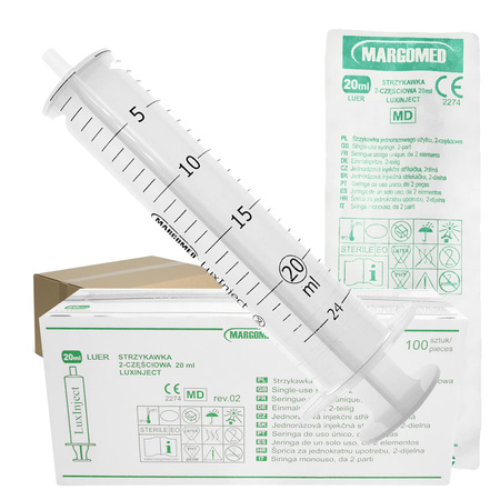 Strzykawka 20ml luer dwuczęściowa LuxInject Margomed 100szt 8op