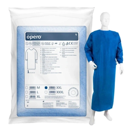 Fartuch chirurgiczny sterylny M z mankietem, wiązany na troki (włóknina SMMMS 35g) 50szt