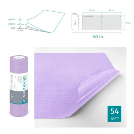 Podkład higieniczny na rolce 38cm x 50cm fioletowy podfoliowany 54g MedixPro 640szt
