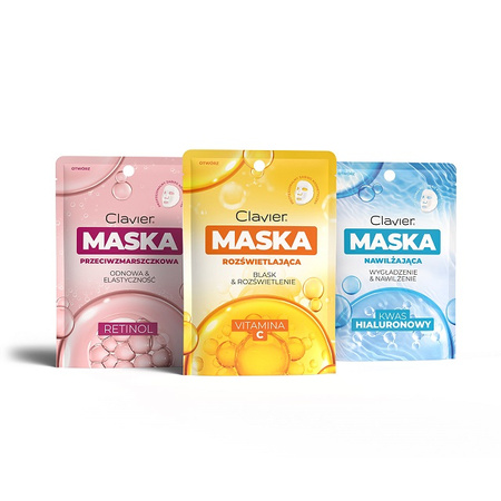 Maska do twarzy w płacie Clavier, nawilżająca, wygładzająca z kwasem hialuronowym, 10szt.