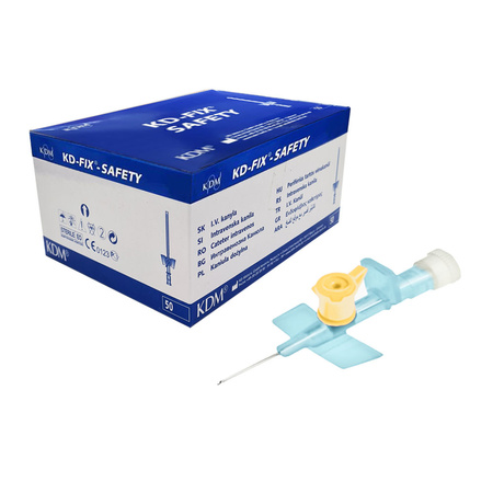 Wenflon bezpieczny żółty 24G 0,7mm x 19mm kaniula dożylna z samozamykającym się korkiem KD-Fix Safety 50szt