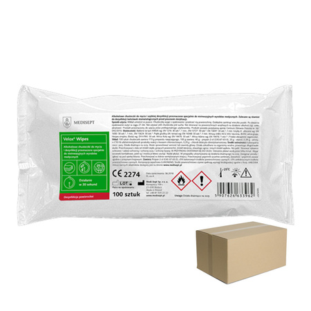 Alkoholowe chusteczki do szybkiej dezynfekcji i mycia małych powierzchni Velox Wipes 100szt wkład 12op