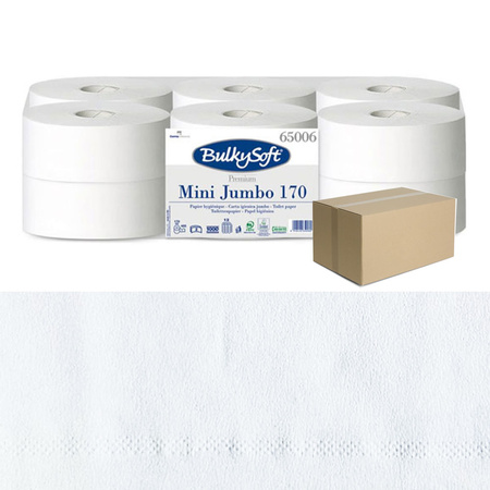 Papier toaletowy mini jumbo długi 170m biały gładki 2 warstwy Bulkysoft Premium 72 rolek