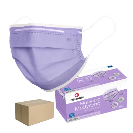 Kolorowa maseczka chirurgiczna medyczna 3-warstwy typ IIR fioletowa 50 szt x 24op