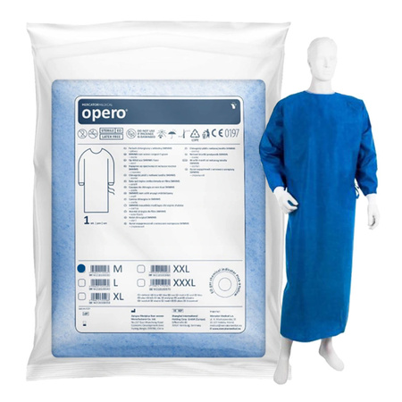 Fartuch chirurgiczny sterylny M z mankietem, wiązany na troki (włóknina SMMMS 35g) 1szt